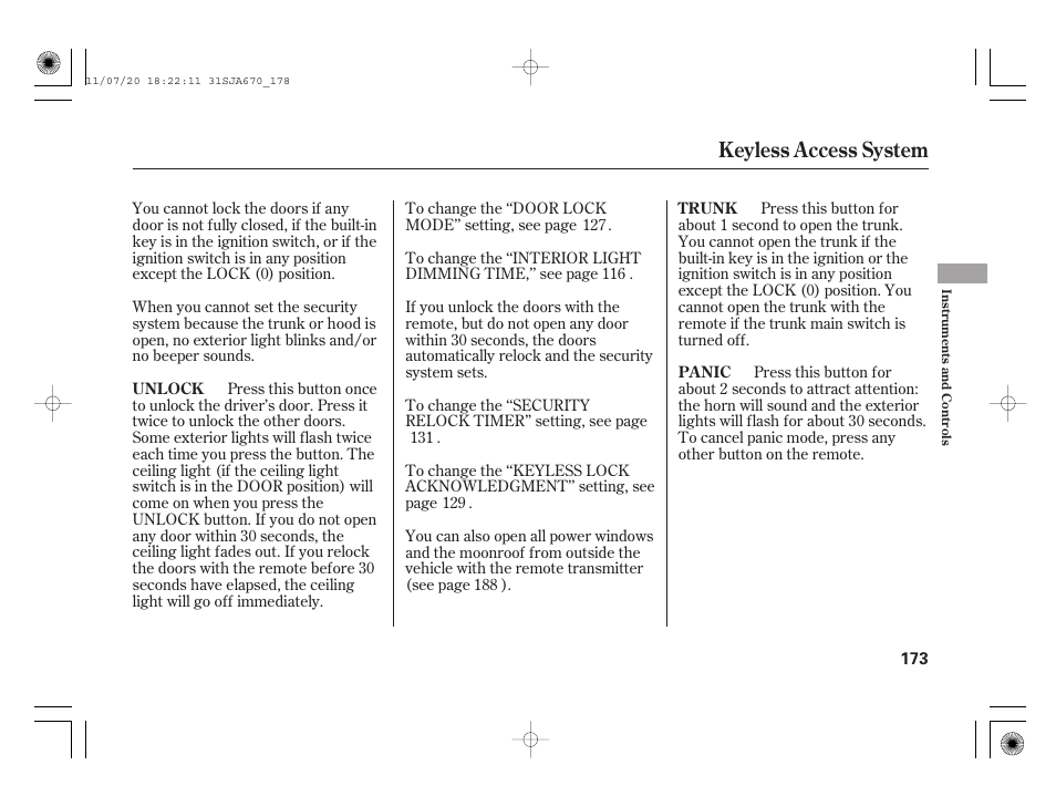 Keyless access system | Acura 2012 RL User Manual | Page 179 / 562