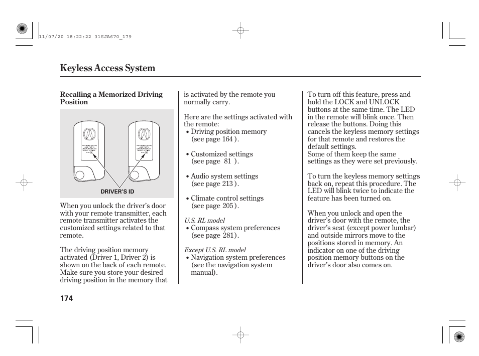 Keyless access system | Acura 2012 RL User Manual | Page 180 / 562