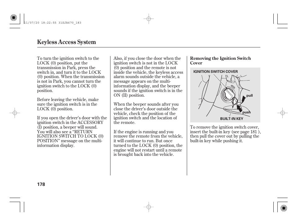 Keyless access system | Acura 2012 RL User Manual | Page 184 / 562