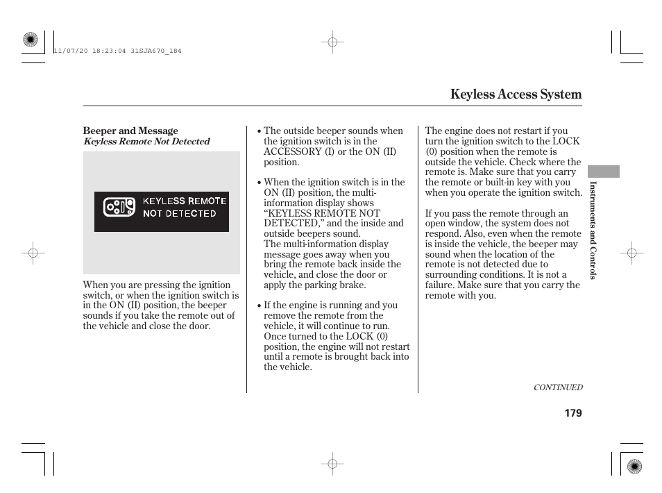 Keyless access system | Acura 2012 RL User Manual | Page 185 / 562