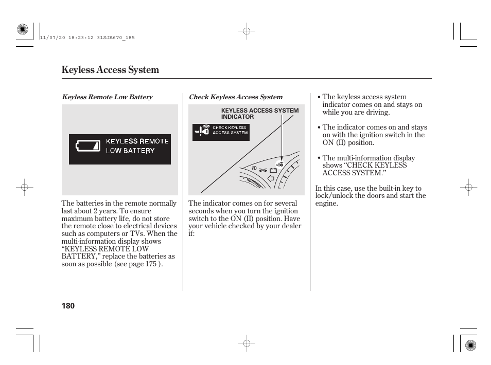Keyless access system | Acura 2012 RL User Manual | Page 186 / 562