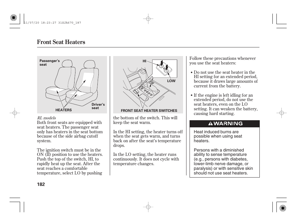 Front seat heaters | Acura 2012 RL User Manual | Page 188 / 562