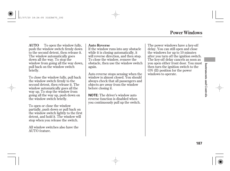 Power windows | Acura 2012 RL User Manual | Page 193 / 562