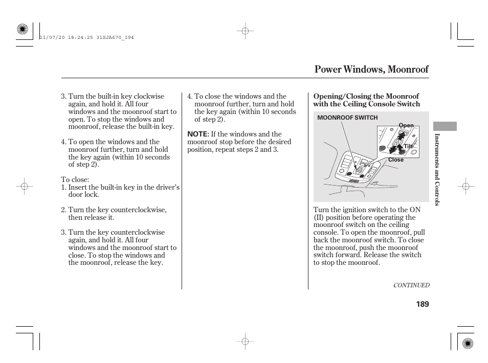 Power windows, moonroof | Acura 2012 RL User Manual | Page 195 / 562