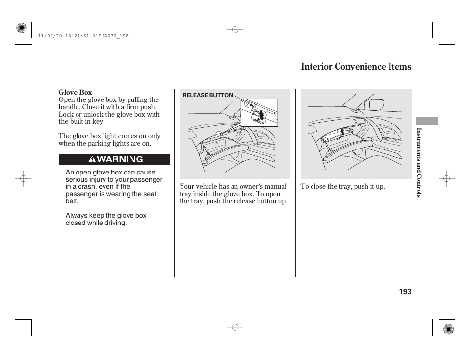 Interior convenience items | Acura 2012 RL User Manual | Page 199 / 562