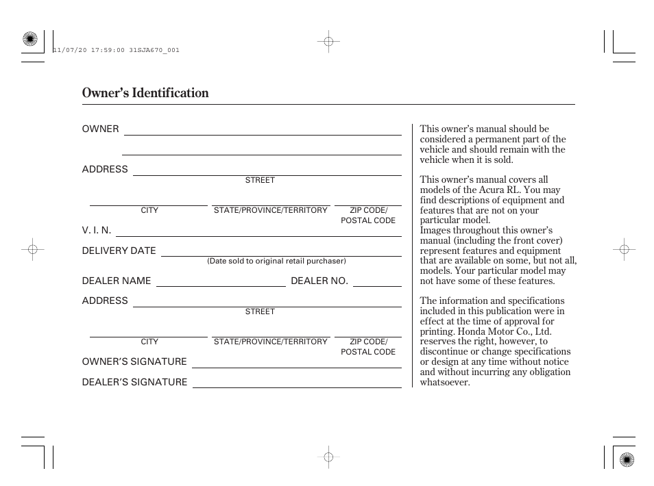 Owner’s identification | Acura 2012 RL User Manual | Page 2 / 562