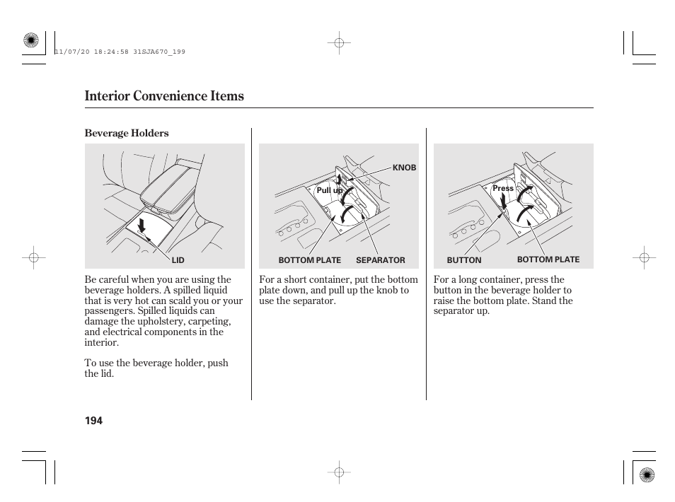Interior convenience items | Acura 2012 RL User Manual | Page 200 / 562