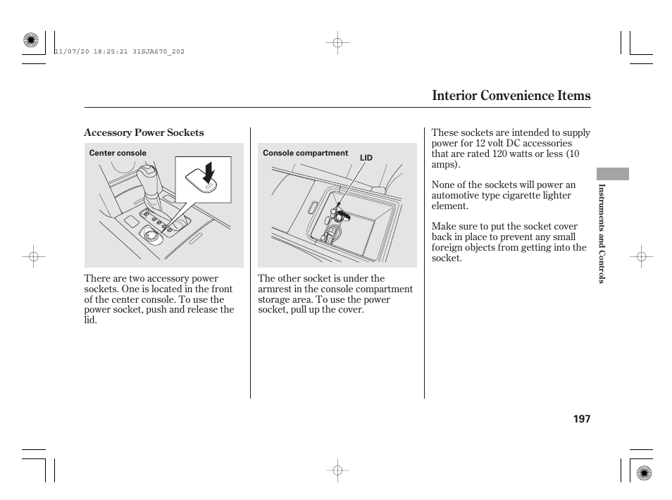 Interior convenience items | Acura 2012 RL User Manual | Page 203 / 562