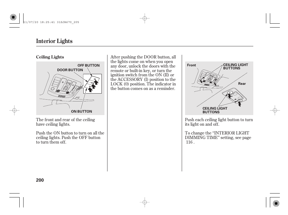 Interior lights | Acura 2012 RL User Manual | Page 206 / 562