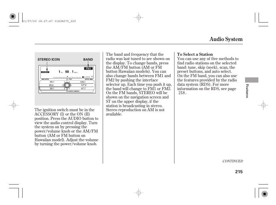 Audio system | Acura 2012 RL User Manual | Page 221 / 562