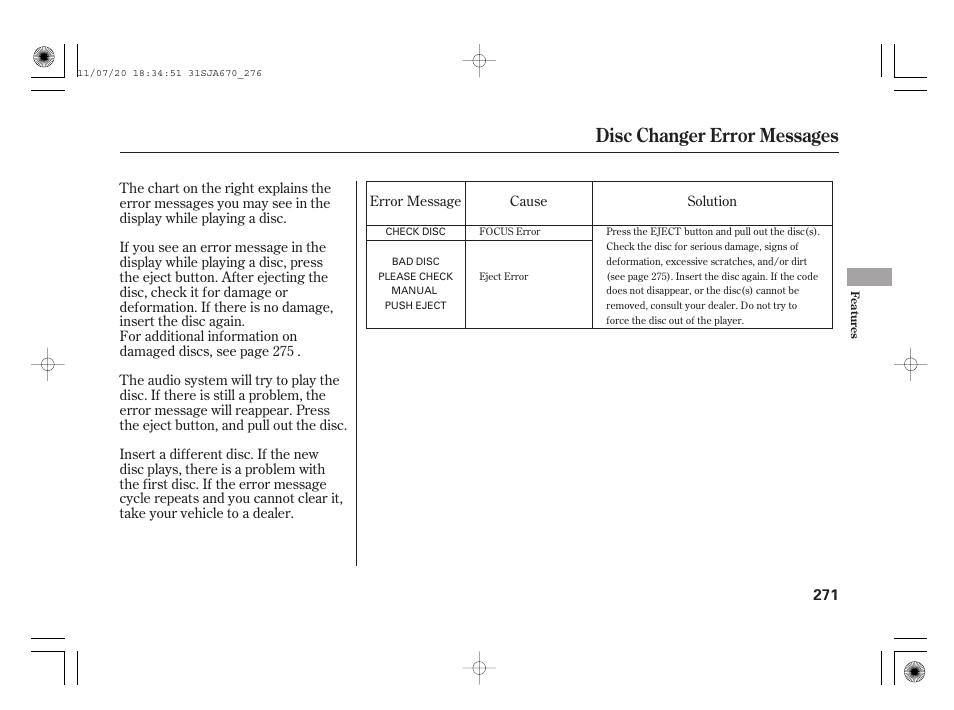 Disc changer error messages | Acura 2012 RL User Manual | Page 277 / 562