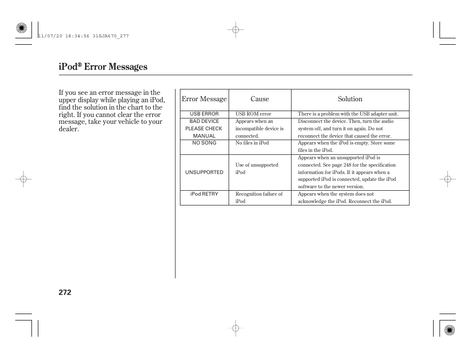Ipod error messages | Acura 2012 RL User Manual | Page 278 / 562