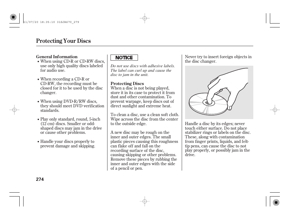 Protecting your discs | Acura 2012 RL User Manual | Page 280 / 562