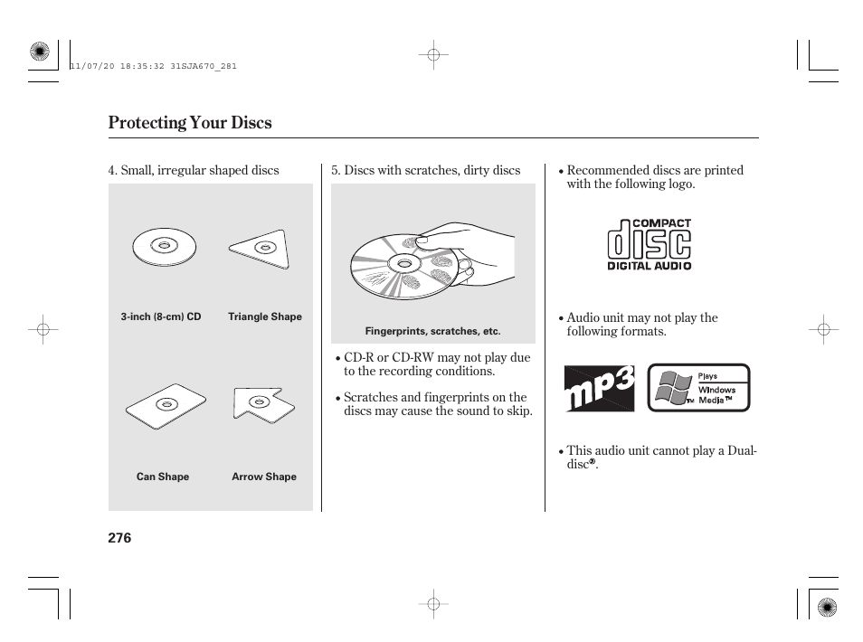 Protecting your discs | Acura 2012 RL User Manual | Page 282 / 562