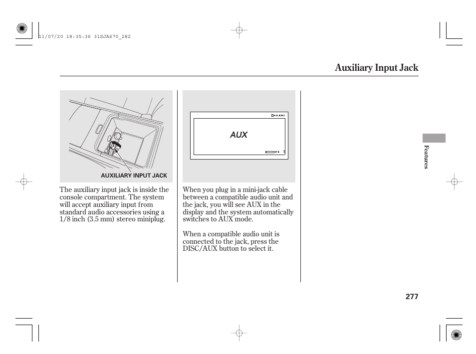 Auxiliary input jack | Acura 2012 RL User Manual | Page 283 / 562