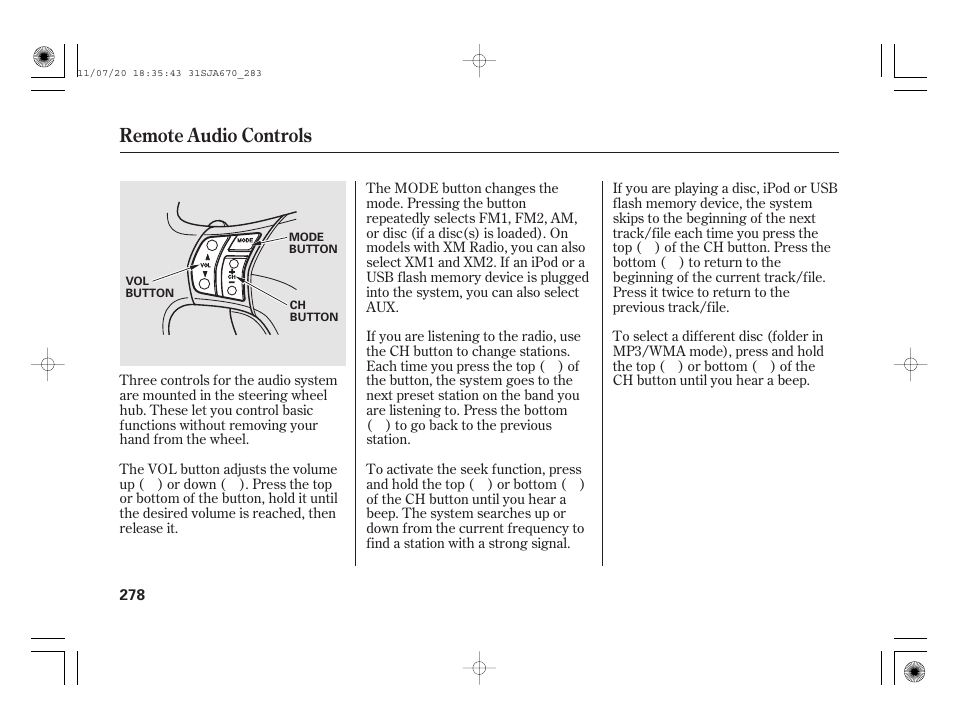 Remote audio controls | Acura 2012 RL User Manual | Page 284 / 562