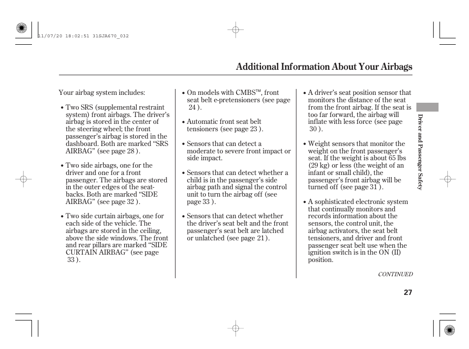 Additional information about your airbags | Acura 2012 RL User Manual | Page 33 / 562