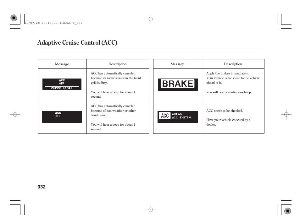Adaptive cruise control (acc) | Acura 2012 RL User Manual | Page 338 / 562