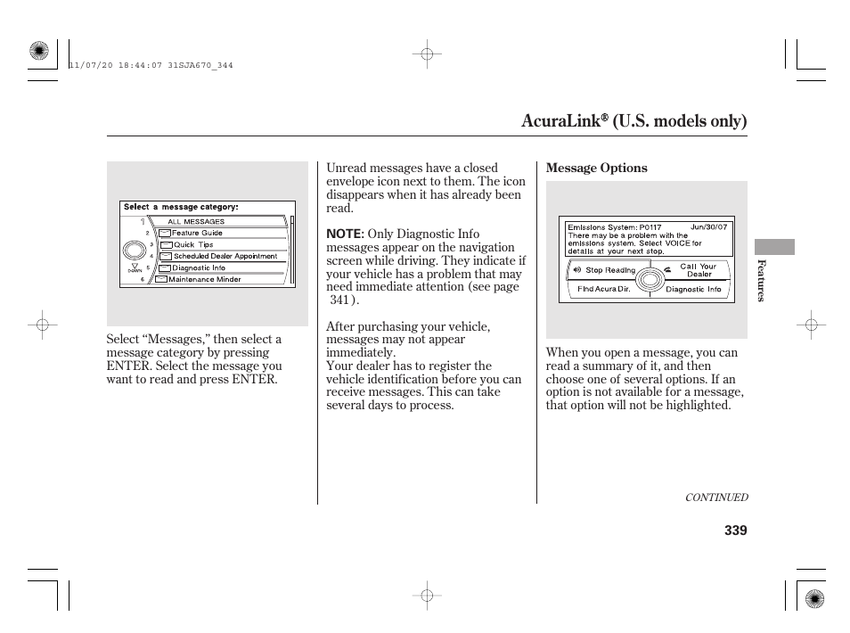 Acuralink (u.s. models only) | Acura 2012 RL User Manual | Page 345 / 562