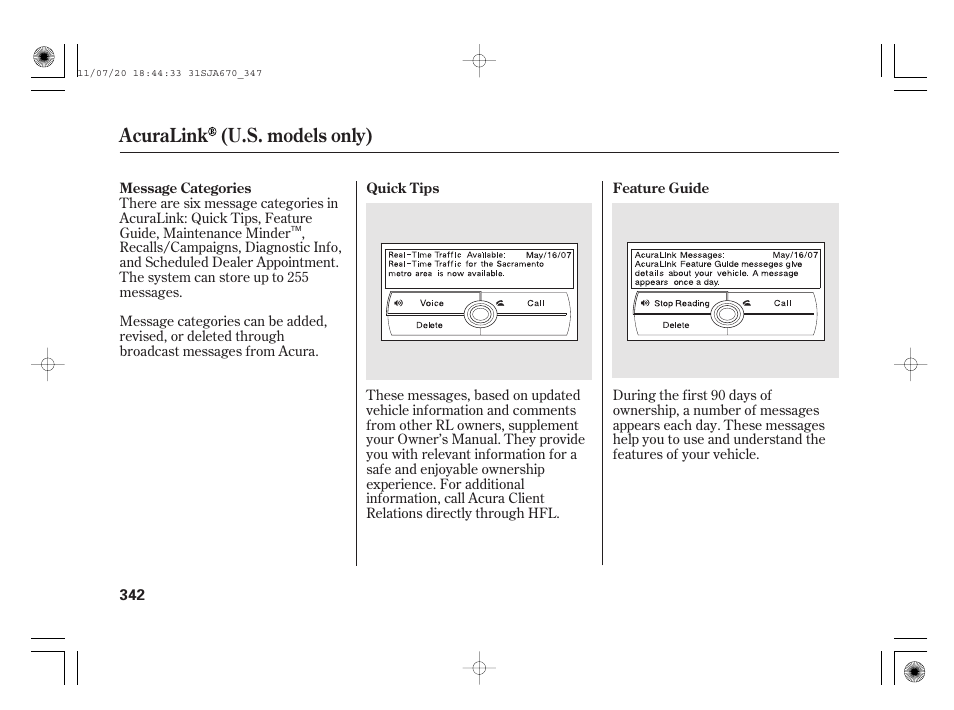 Acuralink (u.s. models only) | Acura 2012 RL User Manual | Page 348 / 562