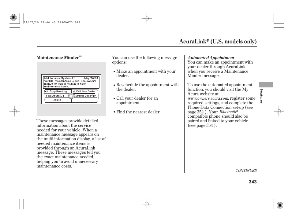 Acuralink (u.s. models only) | Acura 2012 RL User Manual | Page 349 / 562