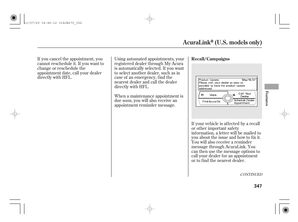 Acuralink (u.s. models only) | Acura 2012 RL User Manual | Page 353 / 562