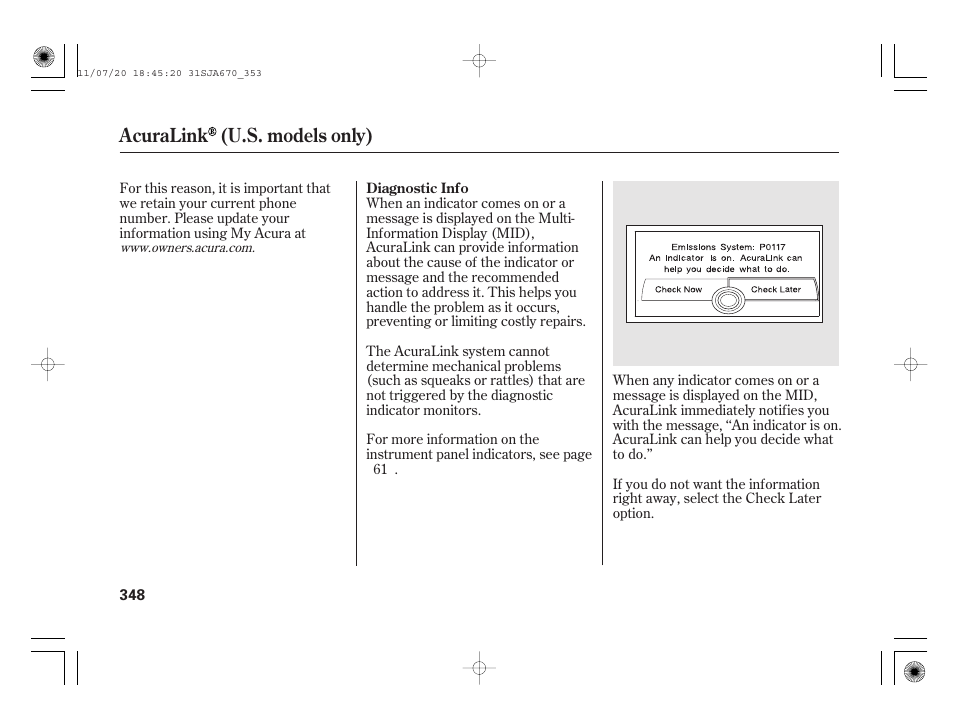 Acuralink (u.s. models only) | Acura 2012 RL User Manual | Page 354 / 562