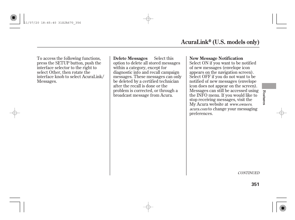 Acuralink (u.s. models only) | Acura 2012 RL User Manual | Page 357 / 562