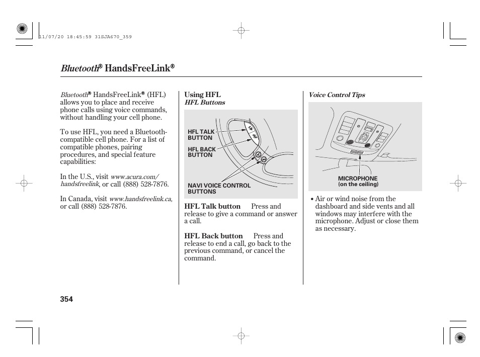 Handsfreelink, Bluetooth | Acura 2012 RL User Manual | Page 360 / 562