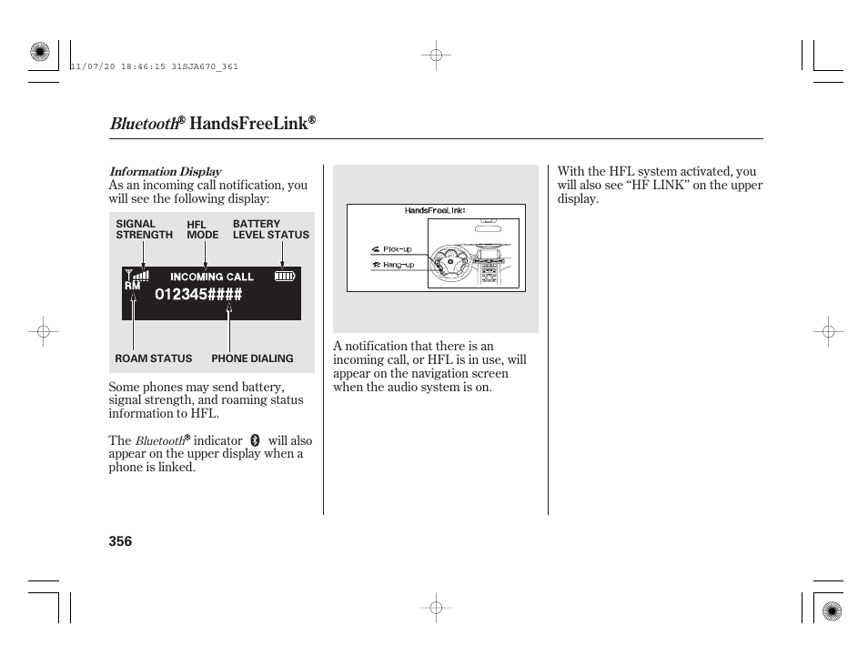 Handsfreelink, Bluetooth | Acura 2012 RL User Manual | Page 362 / 562