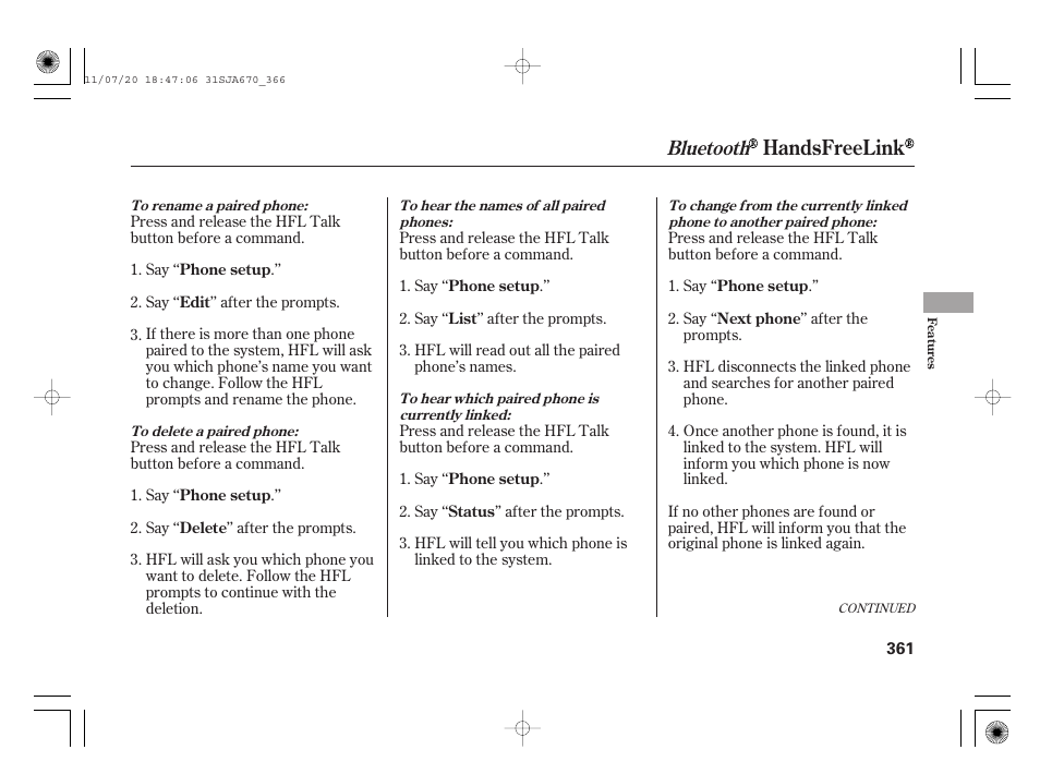 Handsfreelink, Bluetooth | Acura 2012 RL User Manual | Page 367 / 562