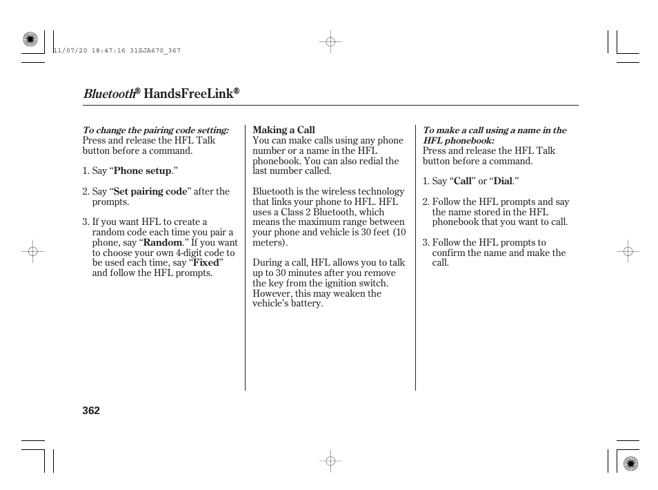 Handsfreelink, Bluetooth | Acura 2012 RL User Manual | Page 368 / 562