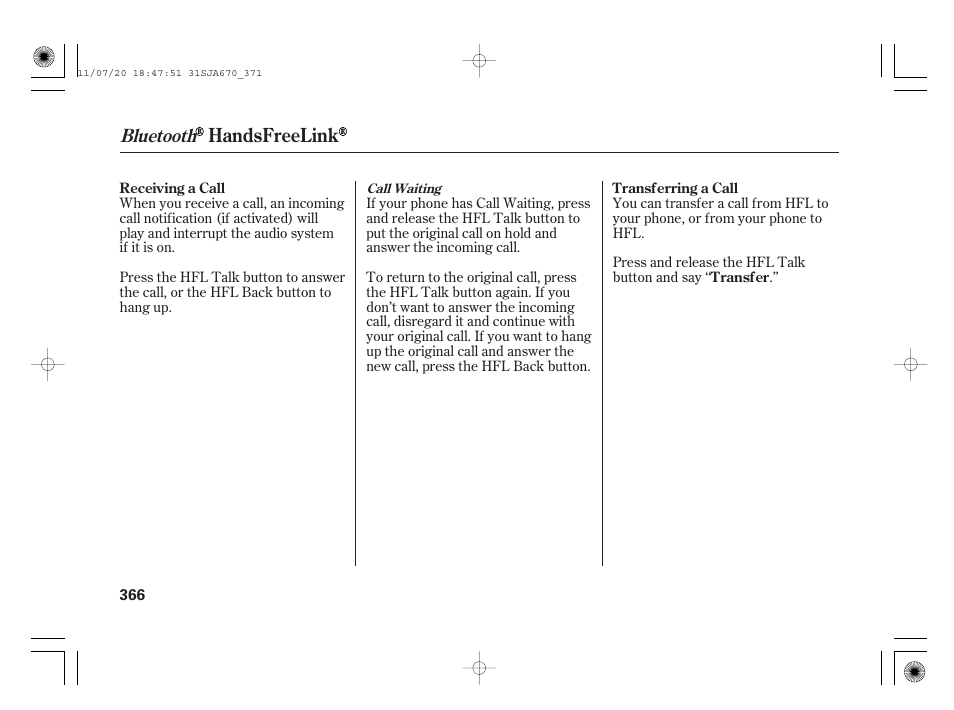 Handsfreelink, Bluetooth | Acura 2012 RL User Manual | Page 372 / 562