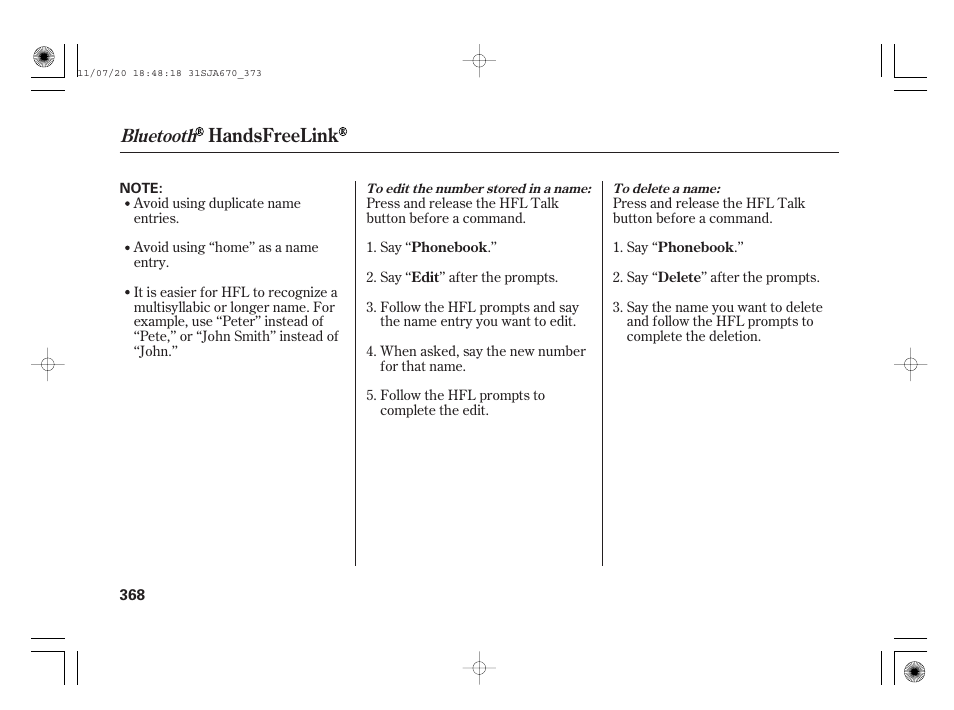 Handsfreelink, Bluetooth | Acura 2012 RL User Manual | Page 374 / 562