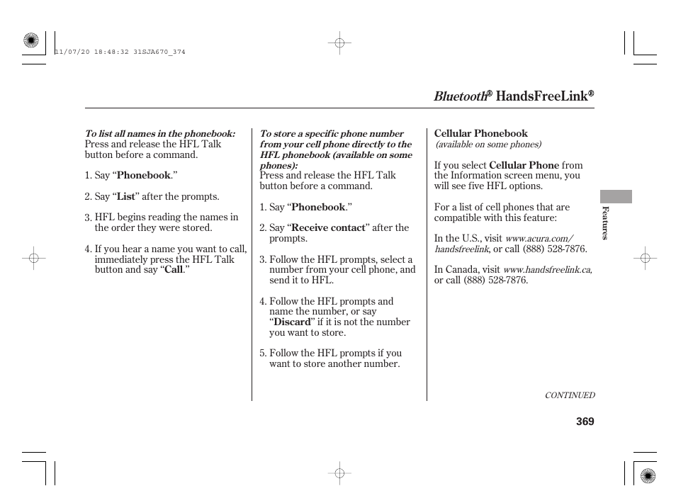 Handsfreelink, Bluetooth | Acura 2012 RL User Manual | Page 375 / 562