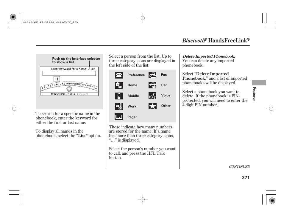 Handsfreelink, Bluetooth | Acura 2012 RL User Manual | Page 377 / 562