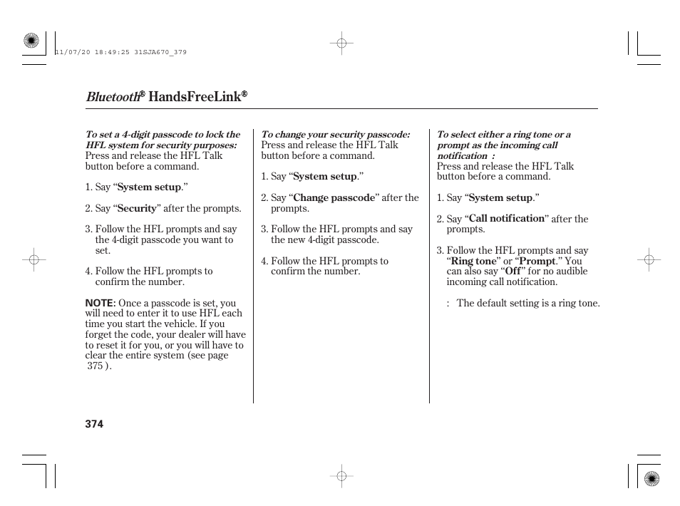 Handsfreelink, Bluetooth | Acura 2012 RL User Manual | Page 380 / 562