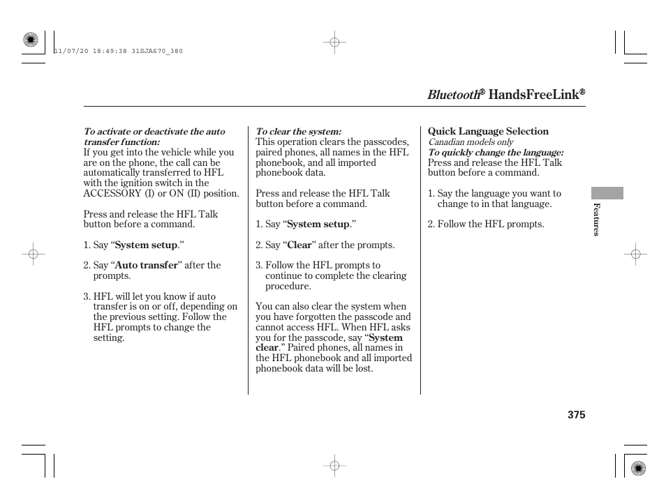 Handsfreelink, Bluetooth | Acura 2012 RL User Manual | Page 381 / 562