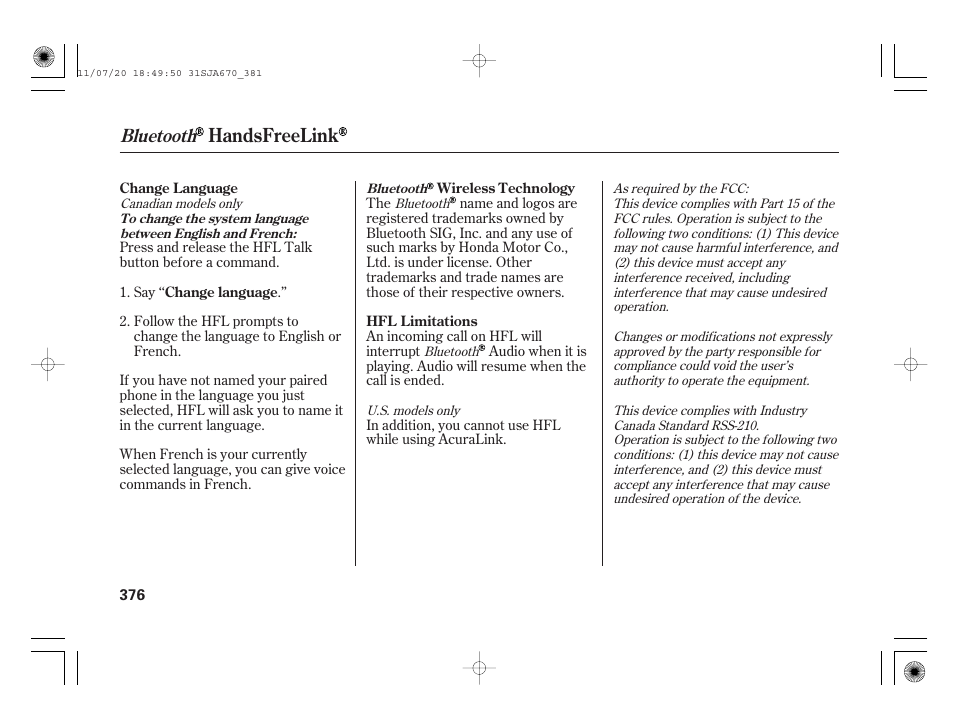Handsfreelink, Bluetooth | Acura 2012 RL User Manual | Page 382 / 562
