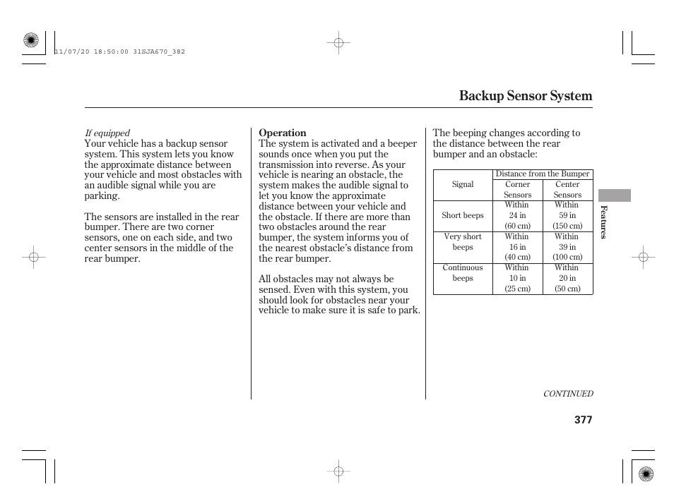 Backup sensor system | Acura 2012 RL User Manual | Page 383 / 562