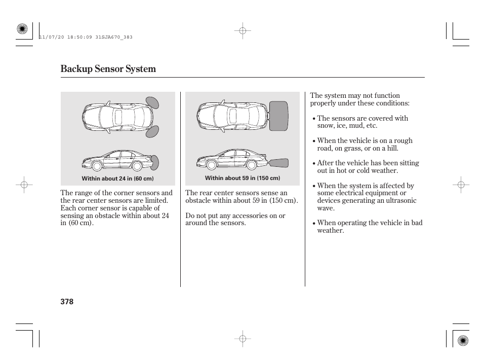 Backup sensor system | Acura 2012 RL User Manual | Page 384 / 562