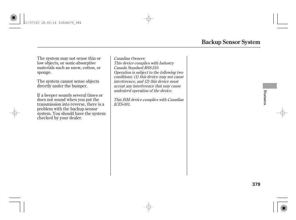 Backup sensor system | Acura 2012 RL User Manual | Page 385 / 562