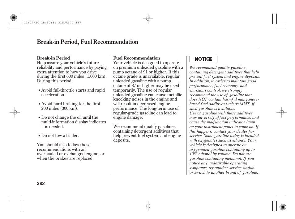 Break-in period, fuel recommendation | Acura 2012 RL User Manual | Page 388 / 562