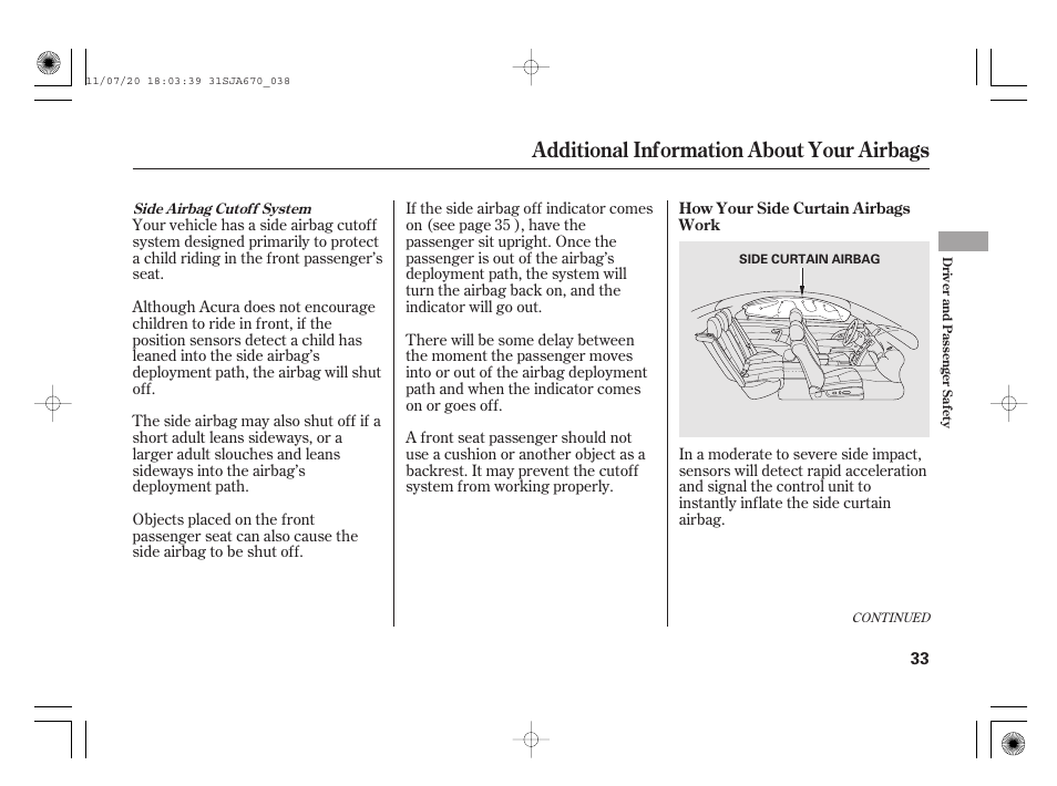 Additional information about your airbags | Acura 2012 RL User Manual | Page 39 / 562