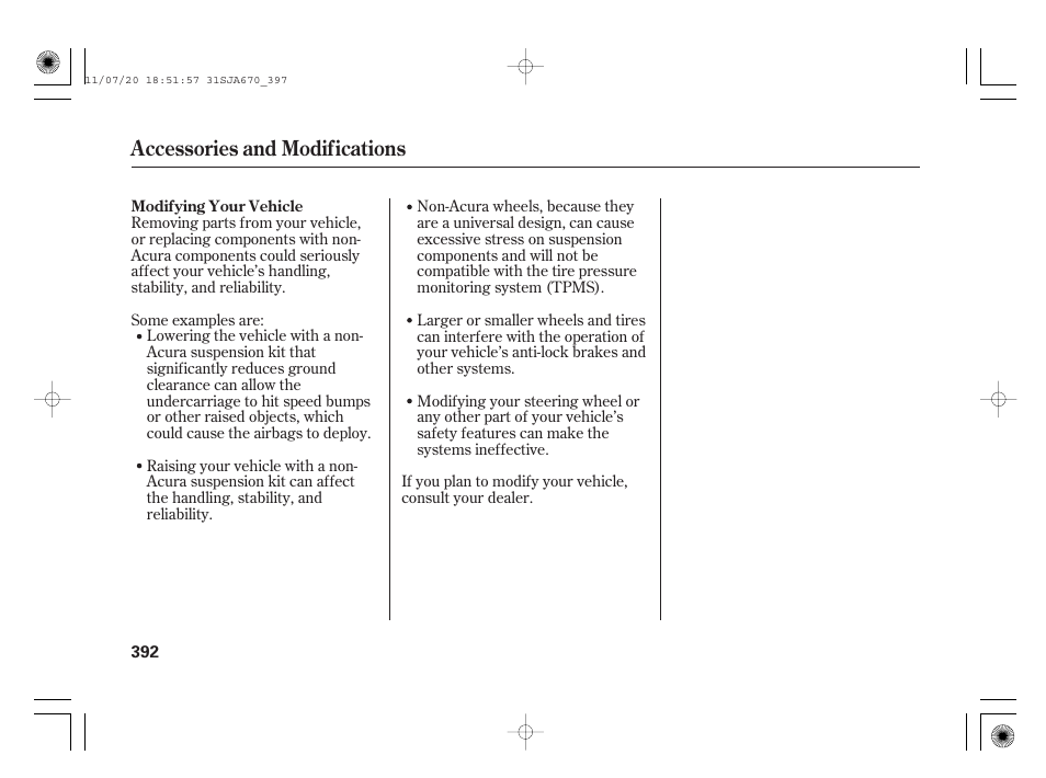 Accessories and modifications | Acura 2012 RL User Manual | Page 398 / 562