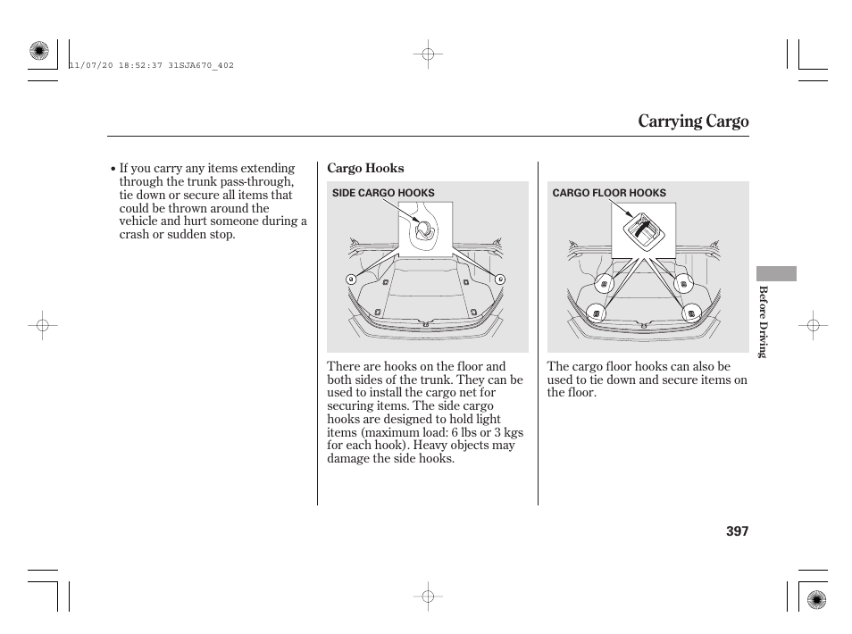 Carrying cargo | Acura 2012 RL User Manual | Page 403 / 562