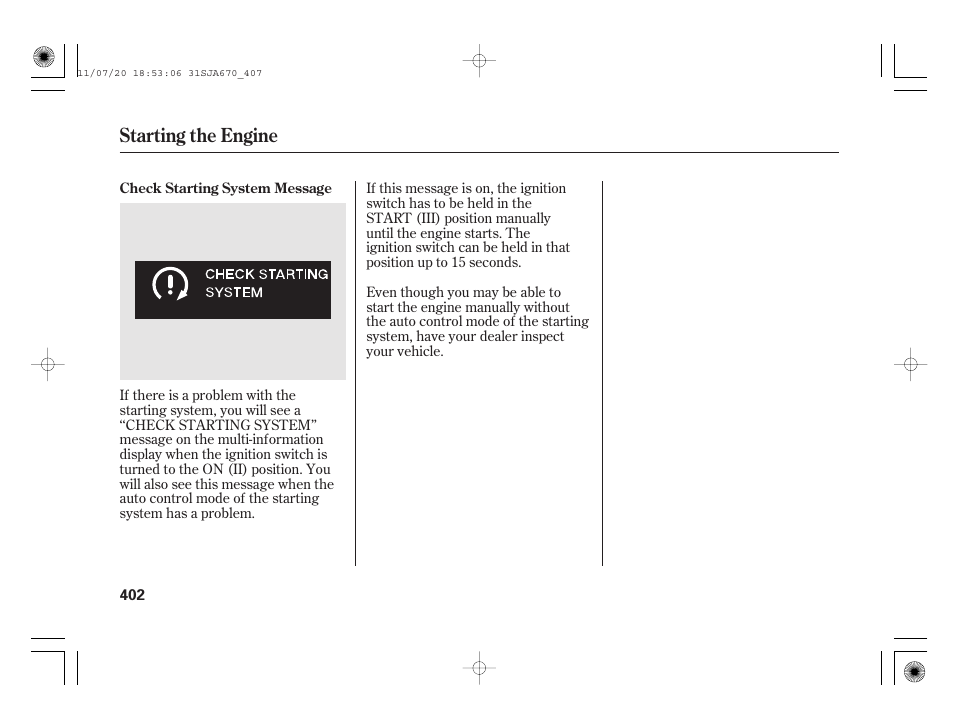 Starting the engine | Acura 2012 RL User Manual | Page 408 / 562