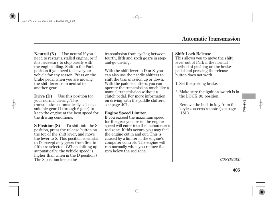 Automatic transmission | Acura 2012 RL User Manual | Page 411 / 562