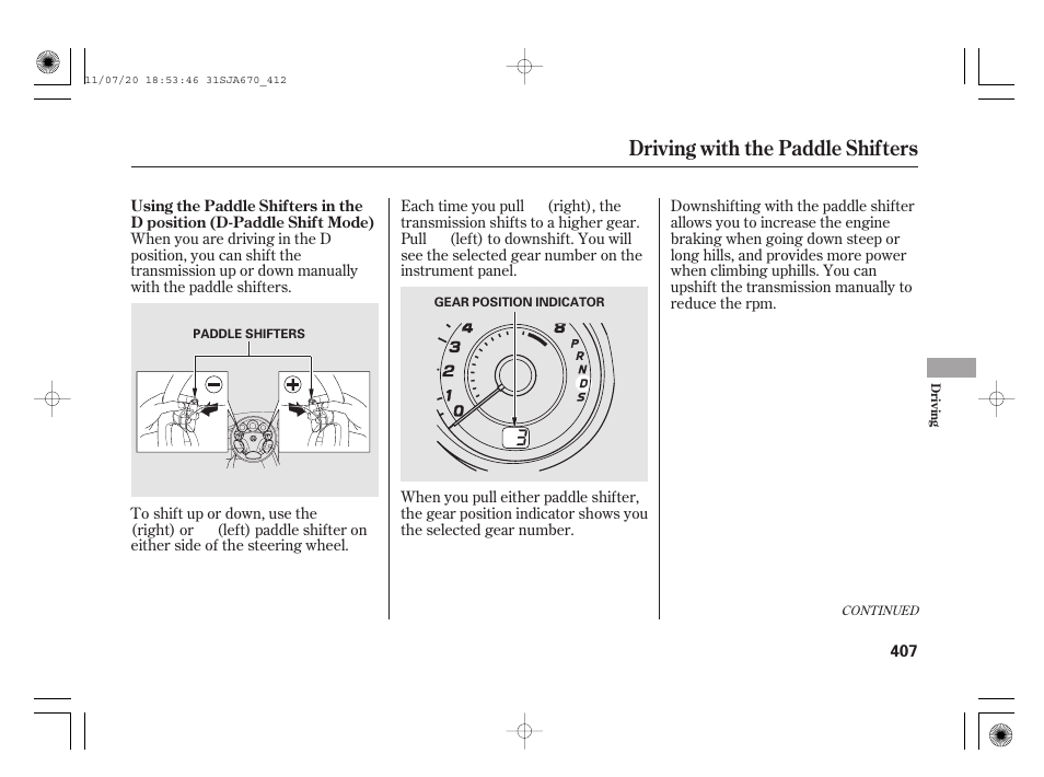 Driving with the paddle shifters | Acura 2012 RL User Manual | Page 413 / 562