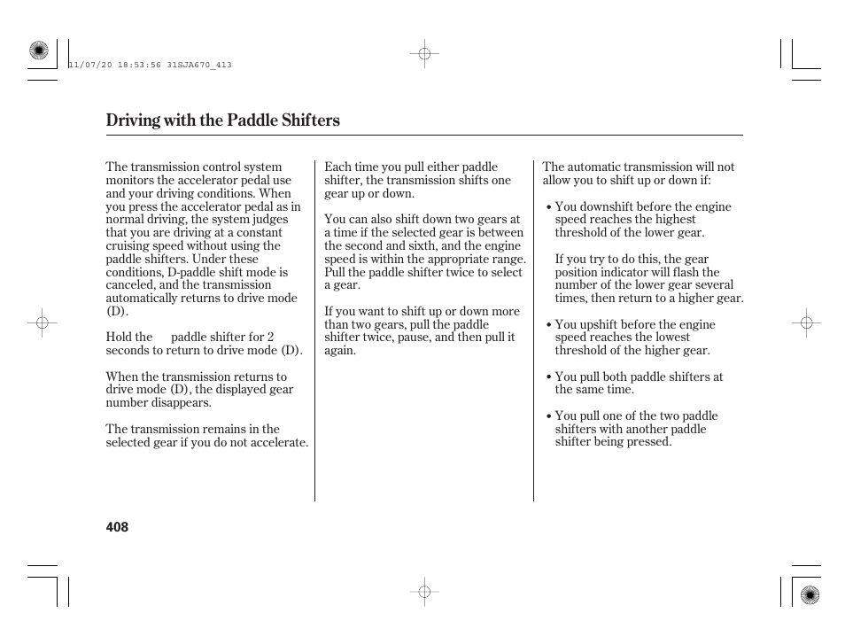 Driving with the paddle shifters | Acura 2012 RL User Manual | Page 414 / 562